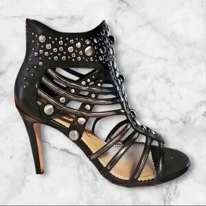 Studded Leather Black High Heel Shoes with Strappy Design--Rock On!